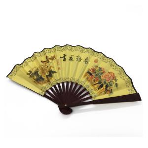 Eventail de 23cm en bambou avec papier doré réversible. Motif chinois imprimé. Fabriqué en Chine